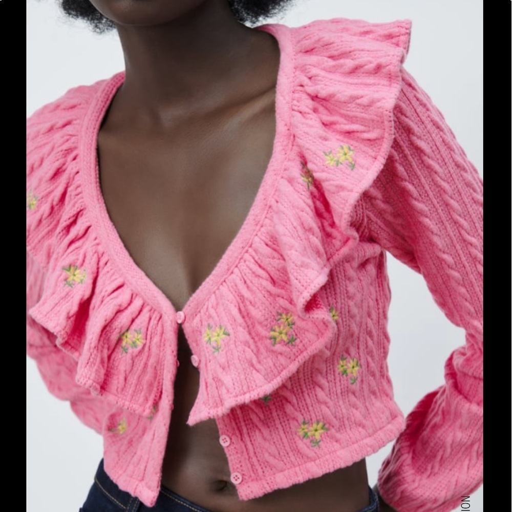 Zara cable knitt floral embroidery ruffle pink top cardigan